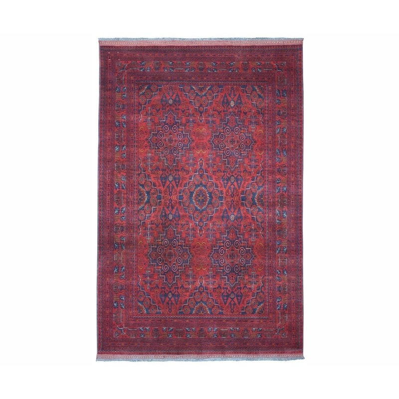 Shahbanu Rugs Red Geometric Design Afghan Andkhoy Pure Wool Handmade Rug (5'6" x 7'9") - 5'6" x 7'9"