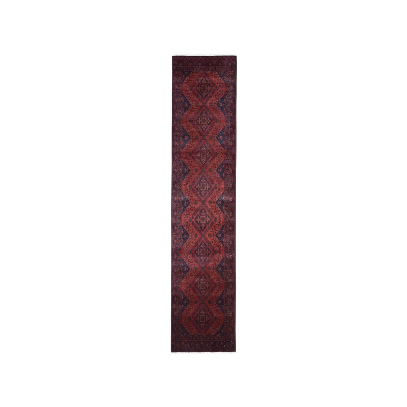 Shahbanu Rugs Red Geometric Design Afghan Pure Wool Hand-Knotted Runner Rug (2'7" x 9'6") - 2'7" x 9'6"