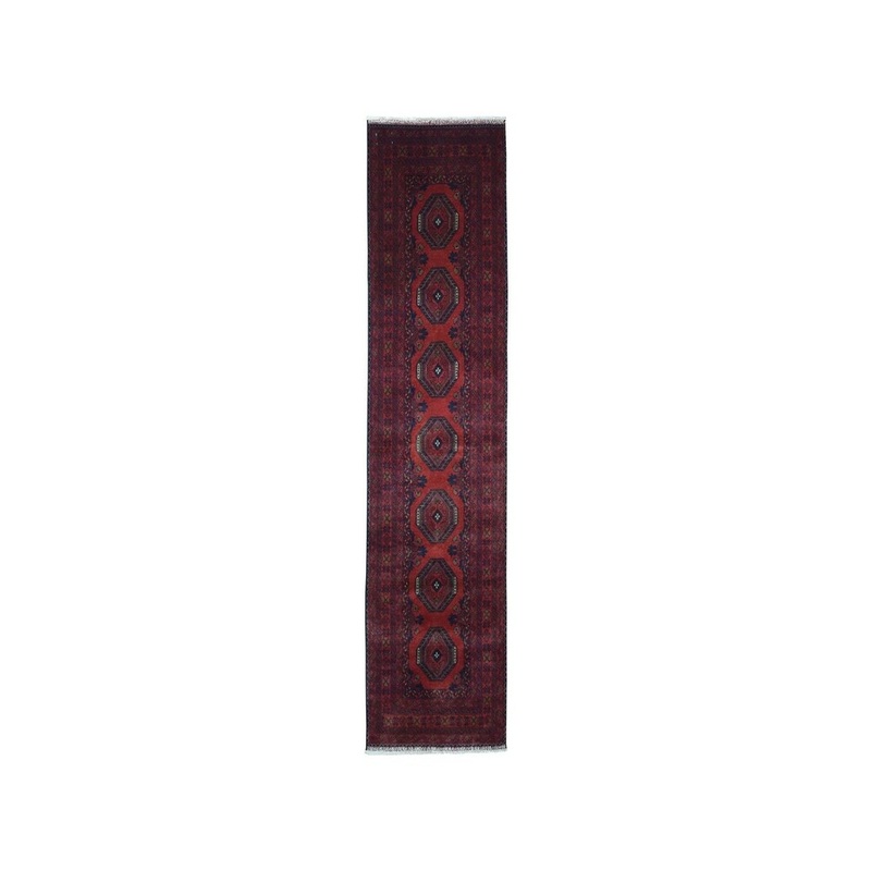 Shahbanu Rugs Red Geometric Design Afghan Pure Wool Hand-Knotted Runner Rug (2'8" x 9'7") - 2'8" x 9'7"