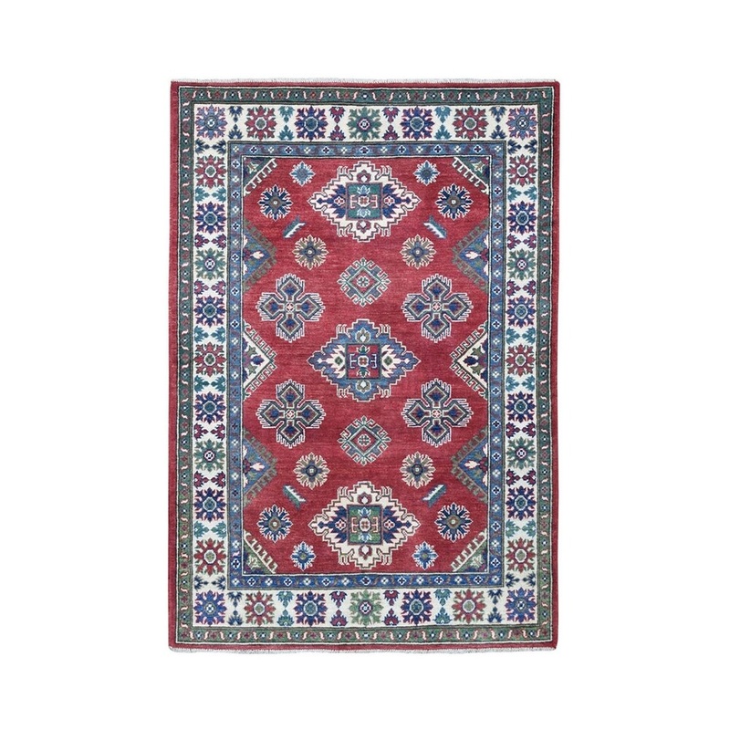 Shahbanu Rugs Red Geometric Design Kazak Pure Wool Hand-Knotted Oriental Rug (4'0" x 5'10") - 4'0" x 5'10"