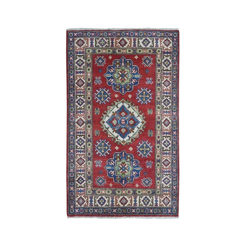 Shahbanu Rugs Red Kazak Geometric Design Pure Wool Hand-Knotted Oriental Rug (3'3" x 5'0") - 3'3" x 5'0"