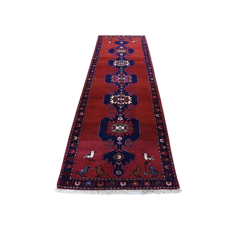 Shahbanu Rugs Red New Persian Hamadan With Birds Hand-Knotted Narrow Runner Rug (2'7" x 9'3") - 2'7" x 9'3"