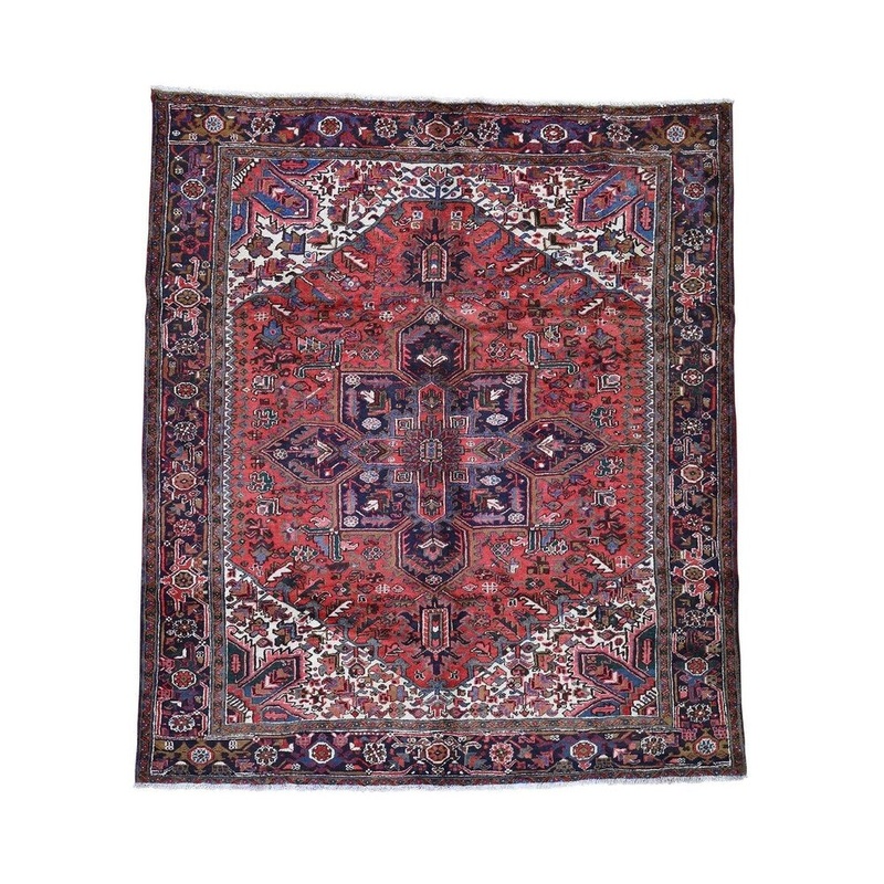 Shahbanu Rugs Red Semi Antique Persian Heriz Hand-Knotted Oriental Rug (8'3" x 9'6") - 8'3" x 9'6"