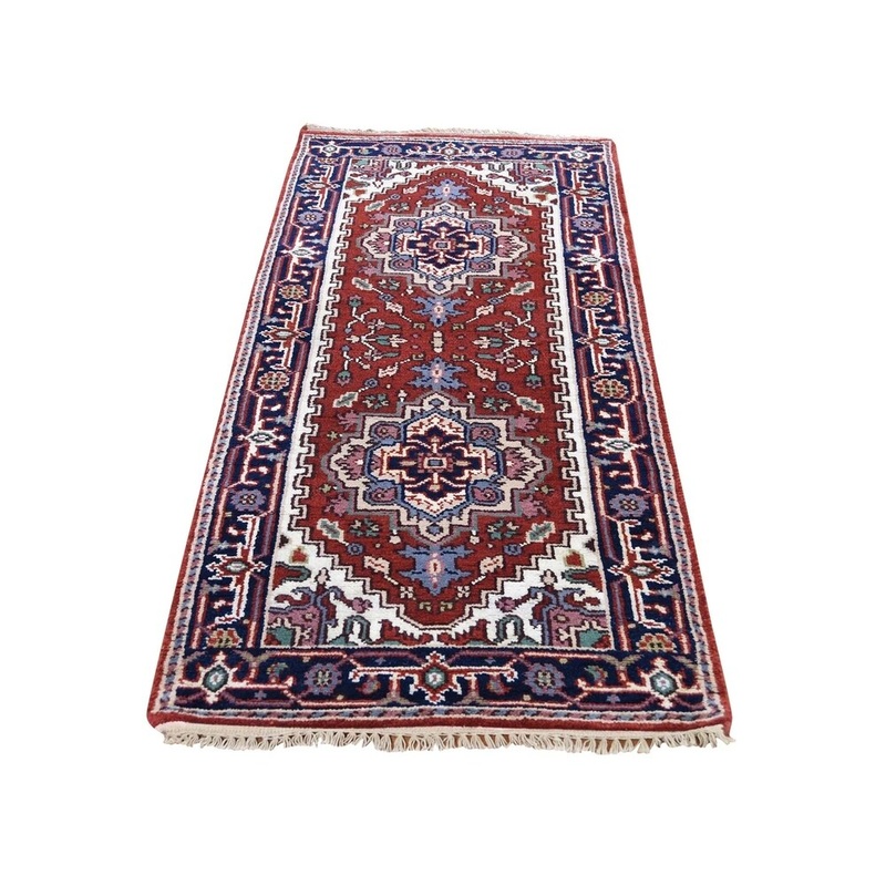 Shahbanu Rugs Red Serapi Heriz Geometric Runner Pure Wool hand-Knotted Oriental Rug (2'6" x 6'3") - 2'6" x 6'3"