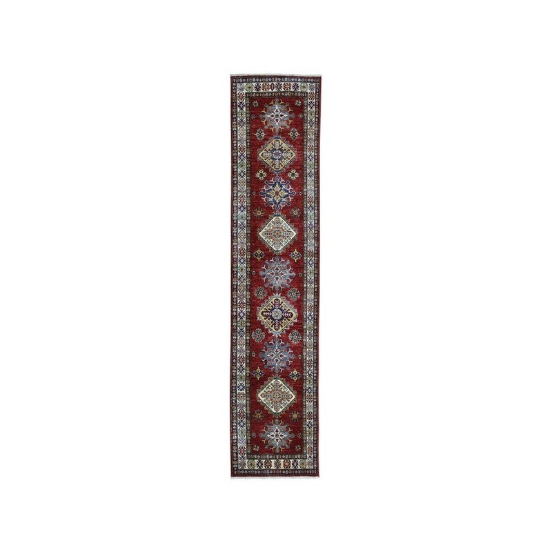 Shahbanu Rugs Red Super Kazak Pure Wool Geometric Design Hand-Knotted Runner Rug (2'6" x 9'3") - 2'6" x 9'3"