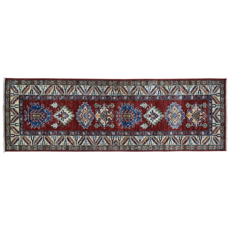 Shahbanu Rugs Red Super Kazak Pure Wool Geometric Design Handmade Runner Rug (2'0" x 6'2") - 2'0" x 6'2"