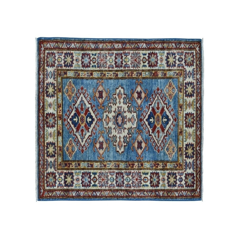 Shahbanu Rugs Super Kazak Pure Wool Geometric Design Blue Hand-Knotted Oriental Rug (2'7" x 4'0") - 2'7" x 4'0"