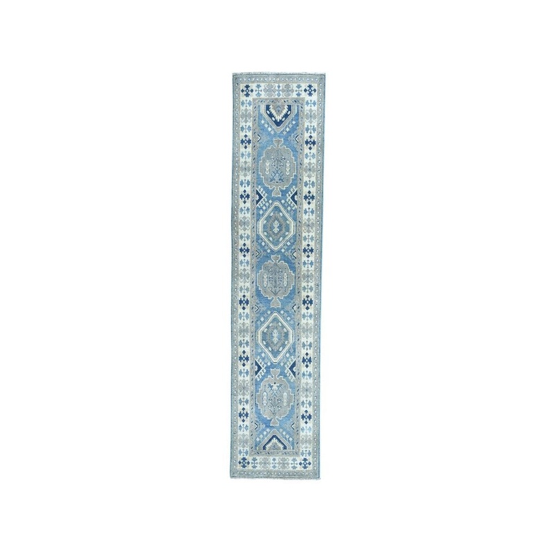 Shahbanu Rugs Vintage Look Kazak Geometric Design Blue Runner Pure Wool Rug (2'8" x 9'7") - 2'8" x 9'7"
