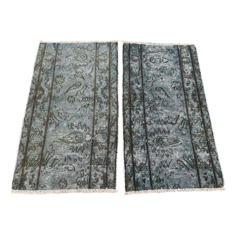 Shahbanu Rugs A Pair of Vintage Overdyed Kashan Fragments Hand Knotted Rug (1'5" x 2'10") - 1'5" x 2'10"