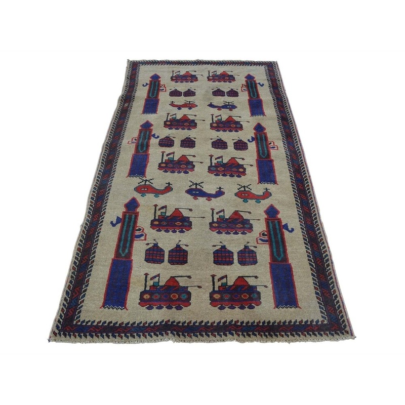 Shahbanu Rugs Afghan Baluch War Tanks Grenades Guns Pure Wool Oriental Rug (3'1" x 5'10") - 3'1" x 5'10"