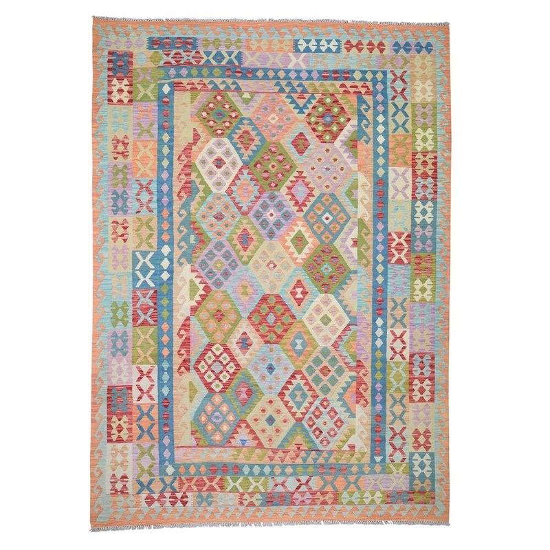 Shahbanu Rugs Afghan Kilim Vegetable Dyes Flat Weave Hand-Woven Pure Wool Rug (8'0" x 11'2") - 8'0" x 11'2"