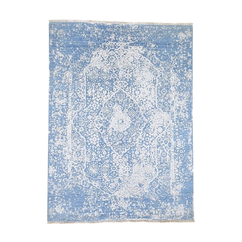 Shahbanu Rugs Hand-Knotted Broken Persian Design Denim Blue Wool and Pure Silk Rug (5'1" x 7'0") - 5'1" x 7'0"