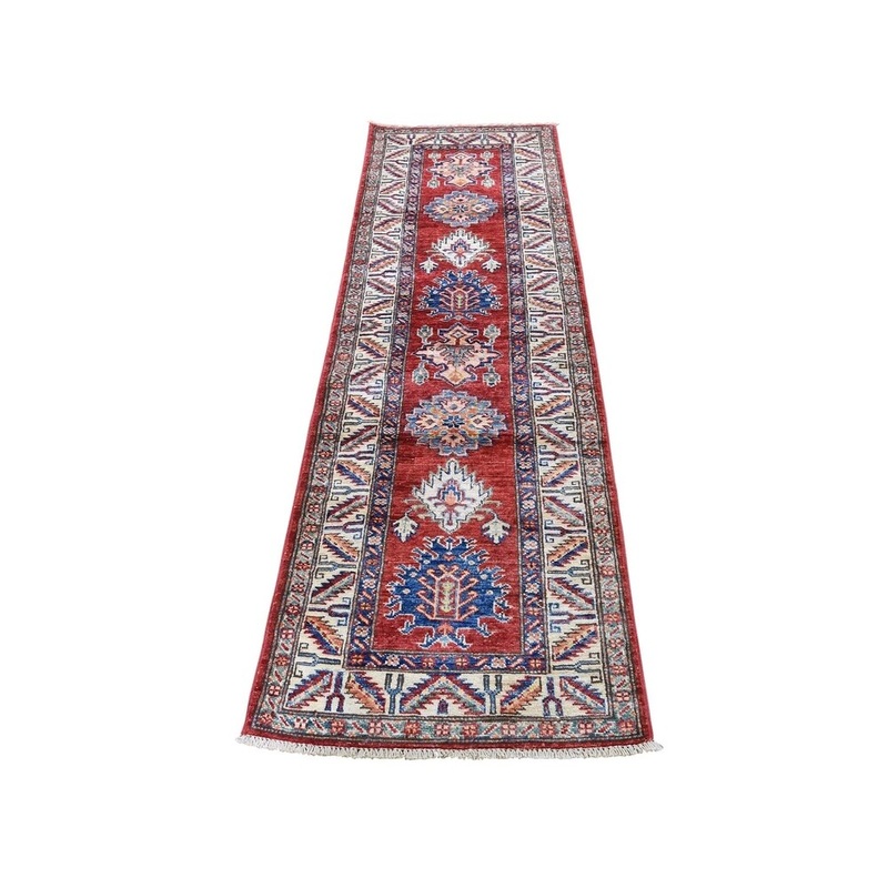 Shahbanu Rugs Super Kazak Pure Wool Geometric Design Hand-Knotted Runner Rug (2'0" x 6'3") - 2'0" x 6'3"
